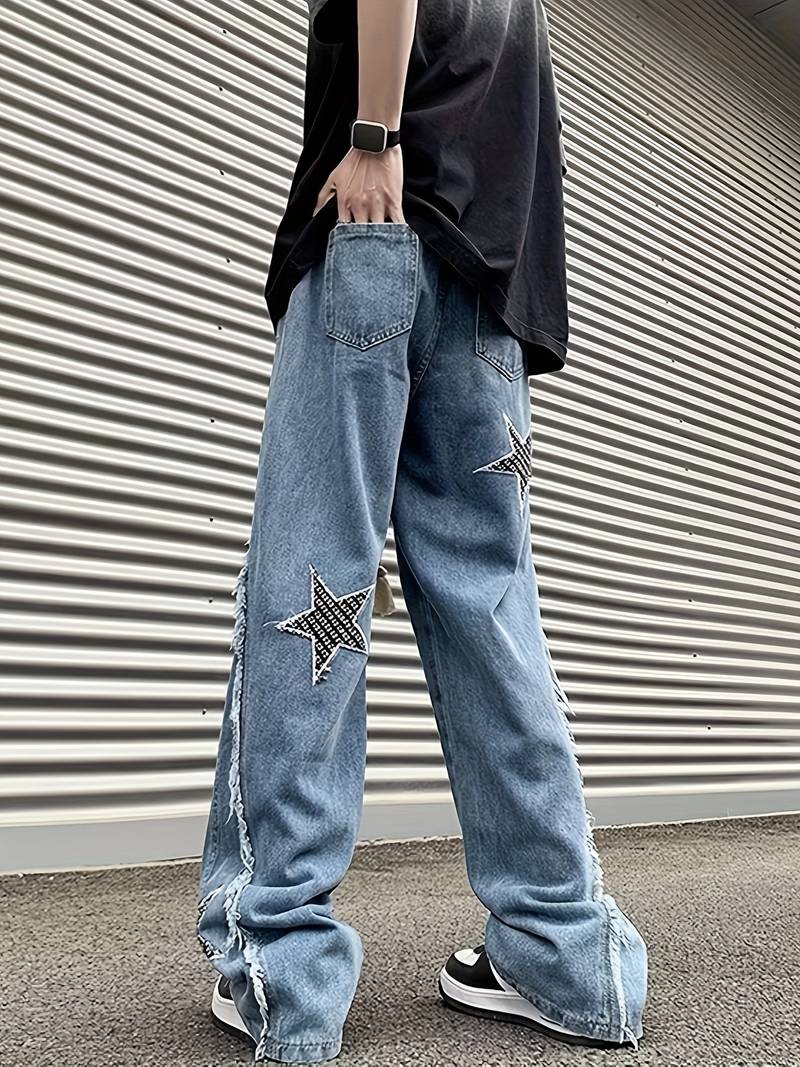 Calças Jeans Masculinas Elegantes Com Padrão Estrela E Bolsos